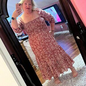 Lucky Brand Pink White Summer Maxi Dress W/ Sleeves Fitted Top